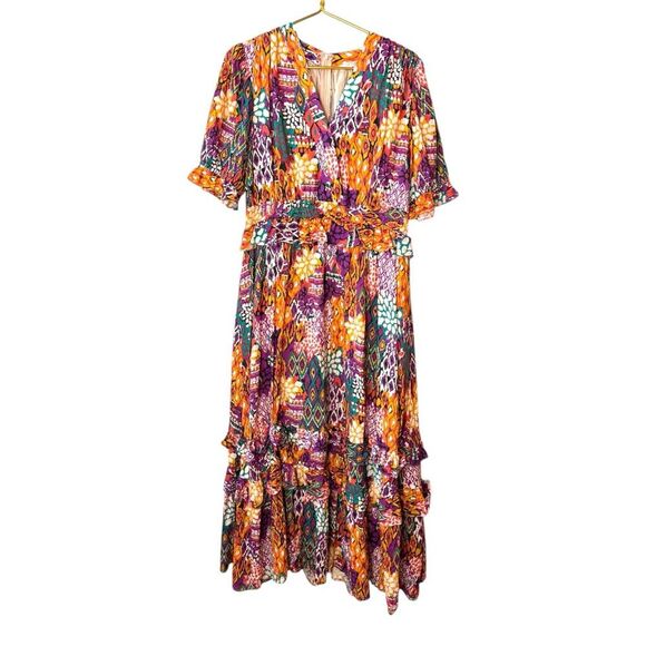 AVARA Boutique Mya Colorful Tribal Mix Print Maxi Dress Ruffle Puff Sleeve XXL - Picture 6 of 12